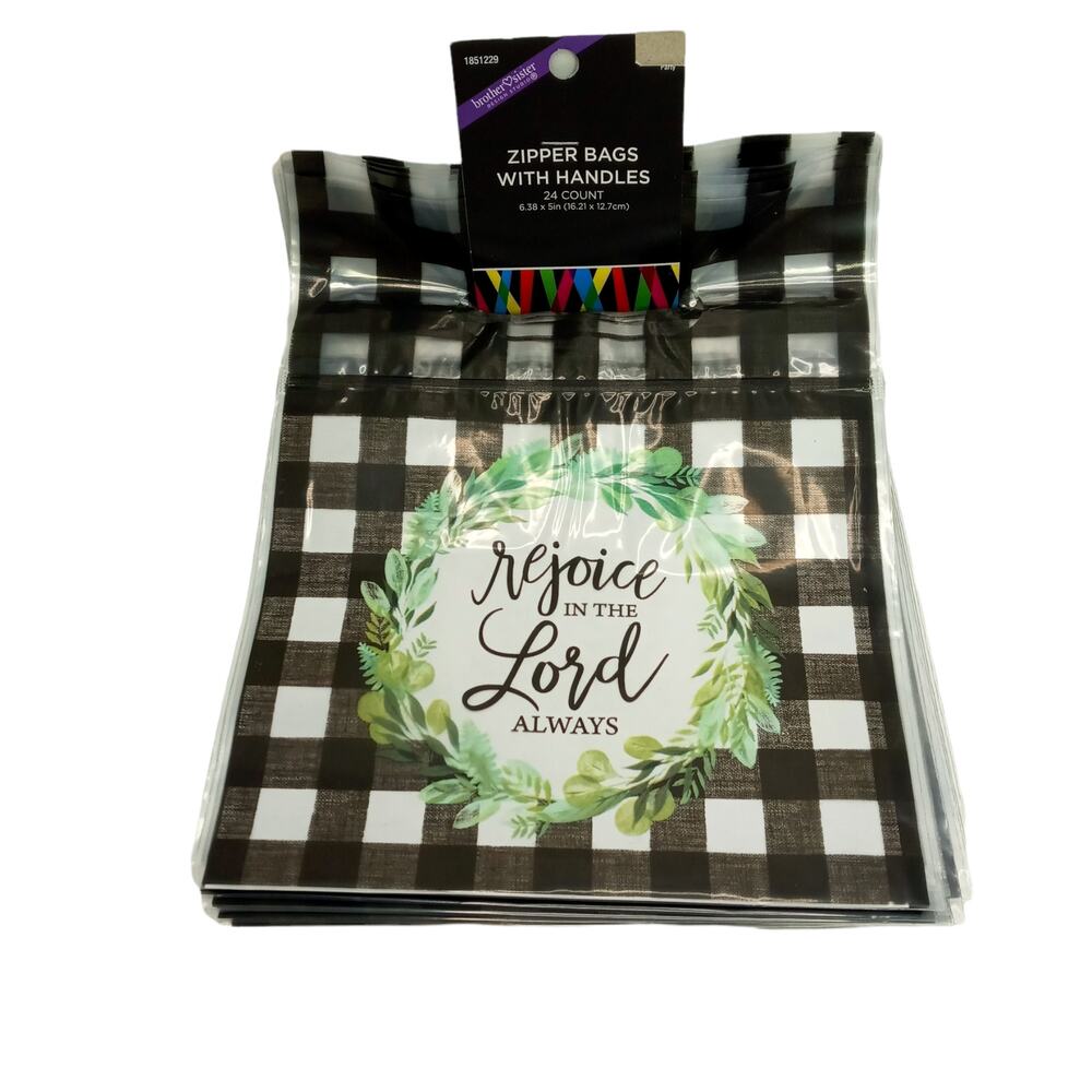 Inspirational Christmas Gift Bags Rejoice in the Lord Black White Check Set 24